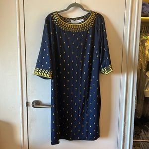 Gretchen Scott Jersey Embroidered Navy and Gold Dress. Brand New with tags.
